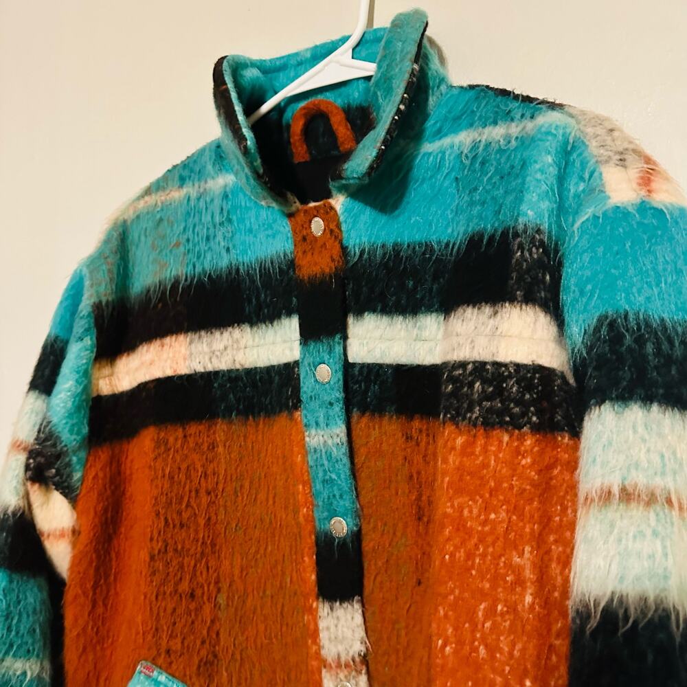 BDG Women's Brushed Fuzzy Wool Blend Oversized Teal Plaid Jacket Size Small - Picture 6 of 14